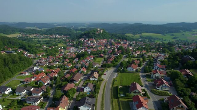 Aerial view around the old town of the city Falkenstein in Germany., Bavaria on a sunny morning in spring.