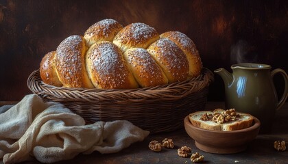 Freshly baked braided bread fills a woven basket alongside a steaming beverage and prepared snack.