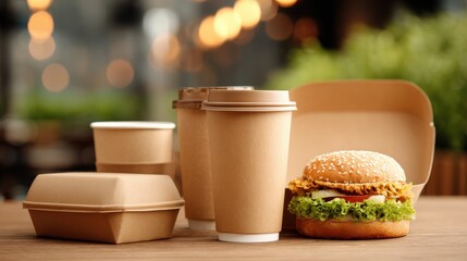 Assortment of eco-friendly takeaway food and drink packaging on a wooden table.