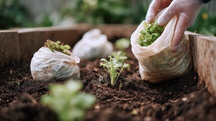 Medium shot of biodegradable kitchen waste bags being placed in a compost bin illustrating effective organic waste management at home