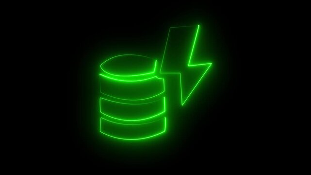 Glowing neon database server icon with lightning bolt,database alert symbol on black background.Animated neon database alert.4K