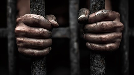 Desperate prisoner hands tightly grasping rusty metal bars in a dark, confined space, symbolizing captivity, despair, and the urgent desire for liberty and justice in a challenging situation