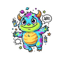 Obraz premium A blue cartoon monster with purple and green spots orange horns and a yellow belly
