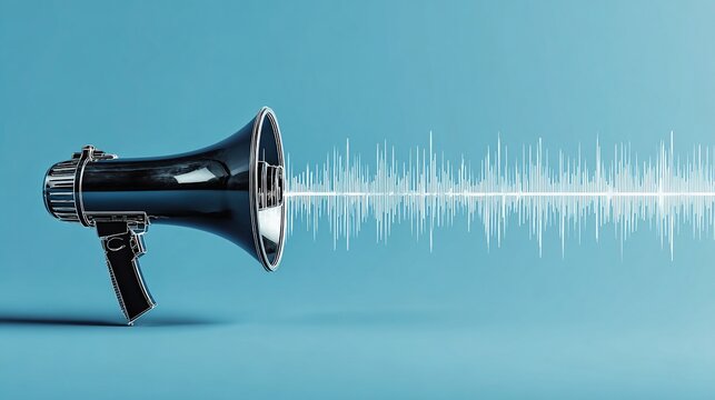 Metallic megaphone emits sound waves against a vibrant blue backdrop, digital illustration
