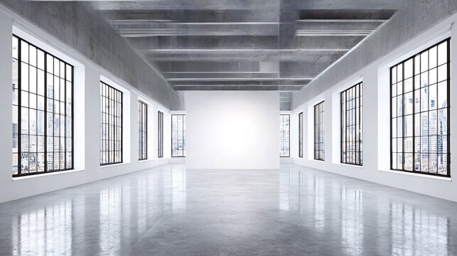 Empty modern minimalist loft gallery interior featuring polished concrete floors, exposed ceiling beams, large industrial windows, and a blank wall for display, creating a versatile urban space