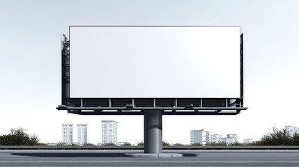 Fototapeta premium Blank billboard displaying a white rectangular canvas for advertising messages, standing along a road with city buildings and a clear sky in the background, offering ample copyspace