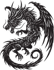 Fierce Tribal Dragon Tattoo Vector Silhouette. A complex and striking black-and-white vector illustration of a mythical dragon.