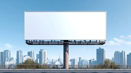 Obraz premium Outdoor advertising billboard displaying an empty white template against a backdrop of a modern city skyline and clear blue sky, ideal for marketing copy and promotional messages