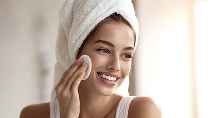 Young woman with a towel wrapped around her head happily performing her daily skincare routine, removing makeup with a cotton pad, representing beauty, freshness, and clean skin