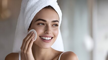 Young smiling woman with a towel on her head applying skincare product or removing makeup from her face with a round cotton pad, enjoying a daily beauty routine