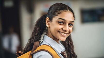 Indian schoolgirl student smiling, wearing a school uniform and backpack, representing youth, education, development, and a hopeful future in a portrait shot