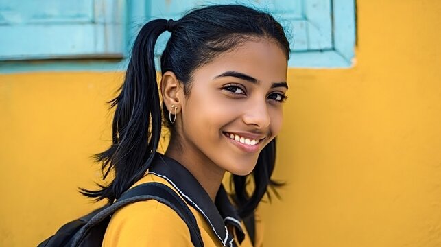 Young indian woman wearing a backpack and yellow shirt, carrying a positive attitude and smiling brightly at the viewer against a vibrant yellow and blue background - Powered by Adobe