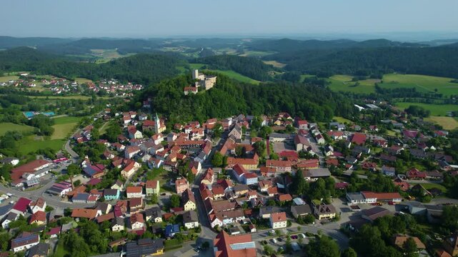 Aerial view around the old town of the city Falkenstein in Germany., Bavaria on a sunny morning in spring.
