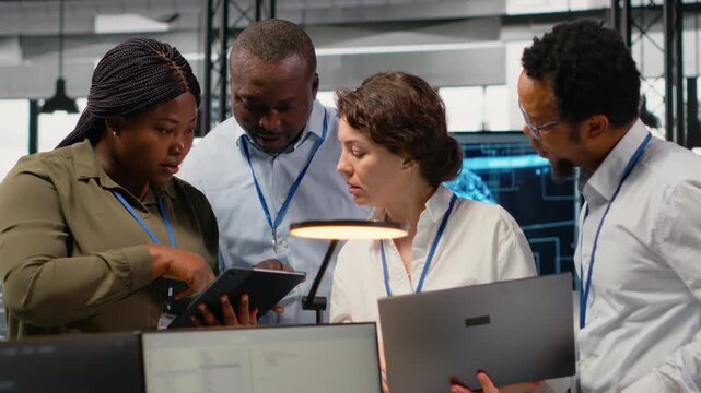 Portrait of smiling engineering team in office working with software development programming languages. Happy startup company coworkers using devices to do code testing and quality assurance, camera B