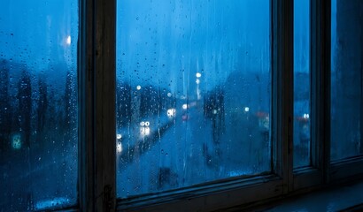 "The city lights at night are foggy, with raindrops on the glass."