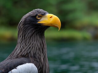 Obraz premium A closeup of a Stellers sea eagle showing its yellow beak and sharp gaze