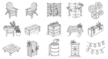 minimal line art icons of garden and backyard elements outdoor furniture planters and sustainable tools for home and patio design.