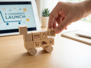 E-commerce platform launch and displaying cubes in a shopping cart shape using wooden cubes, symbolic icons, human hand, natural depth of field, soft blurred background, minimal desk background