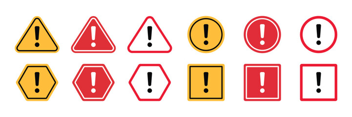 Warning icons in triangle and hexagon shapes with red and yellow colors for hazard alerts.