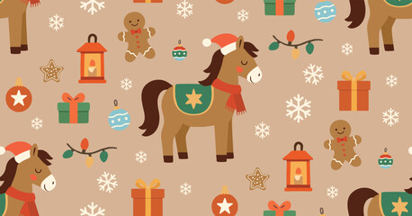 Cozy Christmas. Cute vector illustration. New Year's horse. Seamless pattern. Children's horse. New Year's toys. Charming prints. Fiery red horse. Christmas tree and toys. Festive magic.