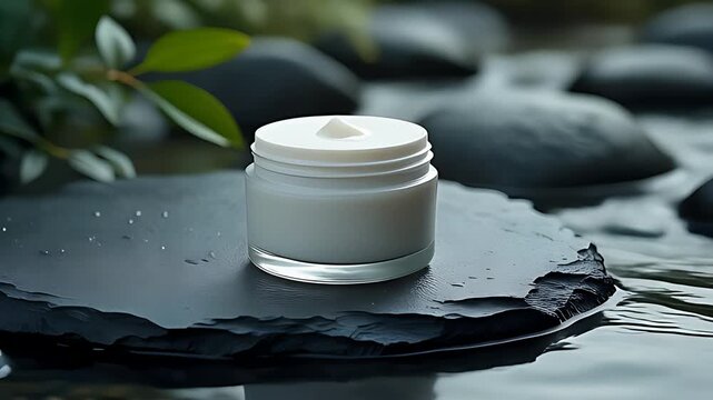 Cream Jar on Black Slate with Water Stream