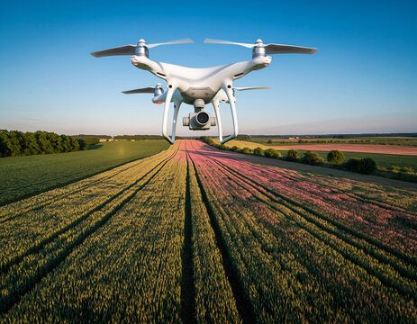 A white drone flying over a vast agricultural field with rows of green crops and blooming pink flowers under a bright blue sky. - Powered by Adobe