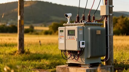 Medium shot of a rural remotecontrolled transformer focusing on automated energy regulation for reliable electricity supply in remote areas.