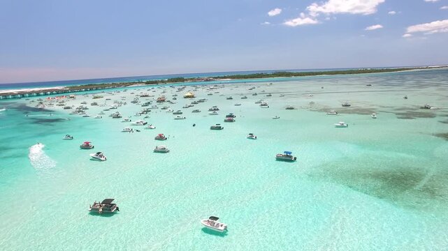 Aerial Drone View of Boats and People at Crab Island Sandbar, Destin, Florida