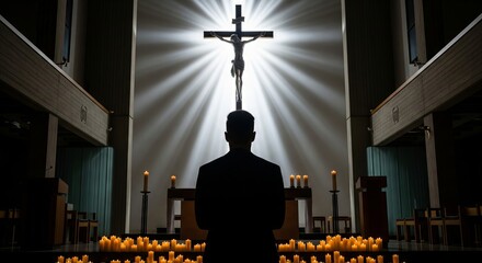Silhouette of man praying inside church with illuminated crucifix and candles creating spiritual atmosphere. concept of faith, religious devotion, spiritual reflection