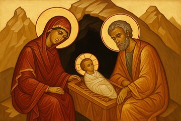 Nativity icon with halos depicting mary, joseph, and baby jesus in traditional religious setting. concept of christian art, sacred imagery, spiritual symbolism