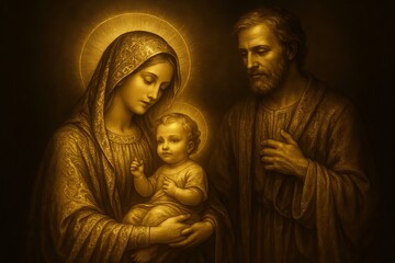 Saint family nativity scene, sacred religious theme with baby jesus, mary, and joseph in illuminated portrait. concept of devotion, traditional christian art, holy celebration