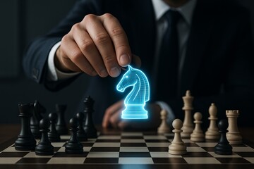 Businessman strategically moving chess knight piece during intense game in office setting. concept of strategic thinking, decision-making, competitive business strategy
