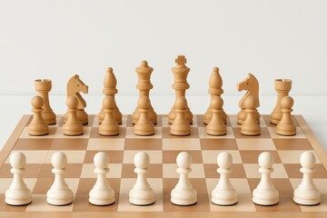 Minimalistic chess setup on wooden board featuring classic white and brown chess pieces, concept of strategic planning, elegant design, intellectual challenge