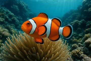 Clownfish swimming underwater among coral reefs with blue ocean background. concept of marine life, ocean exploration, vibrant aquatic ecosystem