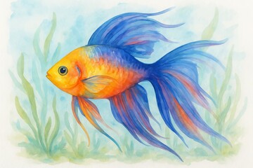Fototapeta premium Tropical fish in seaweed watercolor illustration featuring vibrant colors and elegant fins. concept of ocean life, marine beauty, underwater artistry