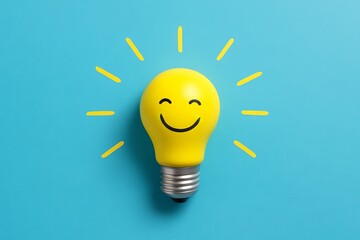 Yellow light bulb with smiling face on blue background symbolizing bright ideas and creativity. concept of innovation, happiness, positive energy