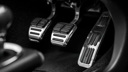 Close-up of a car's manual transmission clutch, brake, and accelerator pedals