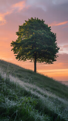 Obraz premium Solitary Tree on Grassy Hill at Sunrise With Dramatic Sky and Soft Lighting