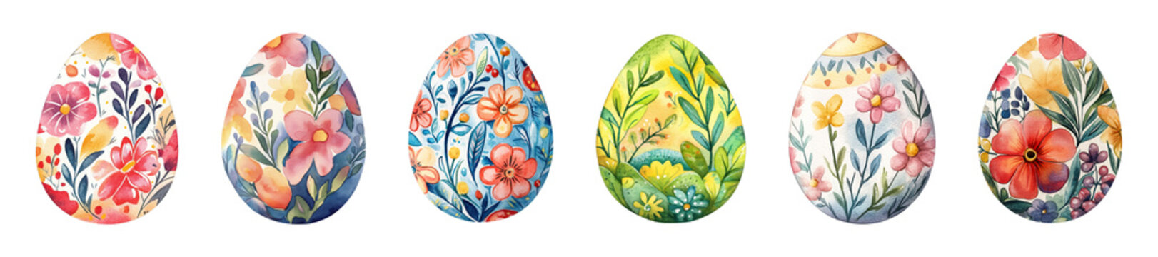Ornate decorative watercolor easter egg with floral design transparent PNG cutout set bundle, isolated background