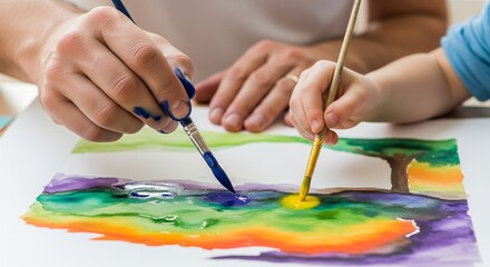 Man and child hands painting a watercolor landscape together. Parent engaging in art activity with kid for creative development and family bonding.