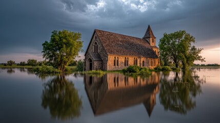 Obraz premium Reflection of the Sanctuary: An old church stands resilient amidst a flooded landscape, its reflection mirrored perfectly in the calm water, under a dramatic sky.