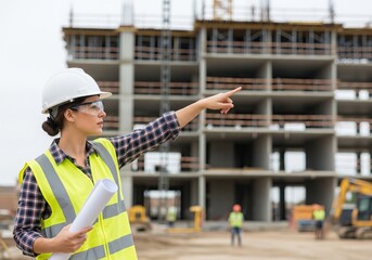 Woman engineer pointing at a construction site with building plans. Female architect overseeing project development and real estate construction.