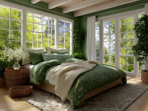 Bedroom with a green patterned bed large windows white beams and natural light