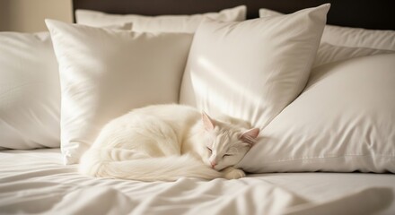 Trendy white cat sleeping peacefully on a neatly made bed with multiple pillows in bright sunlight. concept of cozy home decor, relaxation, serene atmosphere