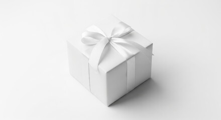 Obraz premium Trendy white color 2026 year. Gift box wrapped in white paper with a ribbon bow, for Christmas, birthday, New Year, Valentines Day, wedding concept, celebration element
