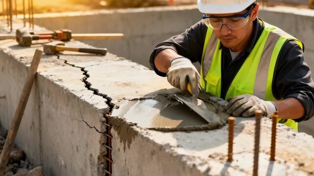 Medium shot of a technician using mortar to fill and reinforce foundation cracks ensuring stability and preventing future damage.
