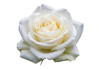 Trendy white color 2026 year. White rose with dew drops. Floral beauty and freshness for Valentine's Day, wedding card, or romantic gift. Trendy white color 2026.