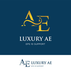 initial letter ae logo icon type with gold gradient color and swash