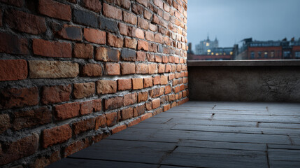 Weathered red brick wall beside wooden rooftop floor with city skyline in soft evening light, creating atmospheric urban texture scene with moody ambiance and subtle perspective