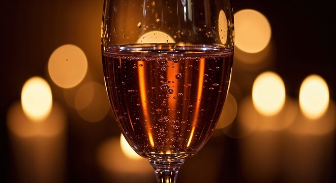 A close-up of a champagne flute brimming with effervescent rose sparkling wine, featuring numerous small bubbles and a soft, warm background of golden bokeh lights.